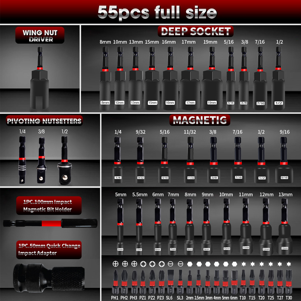 55PCS Magnetic Impact Nut Driv - Power Tools List 评论和价格